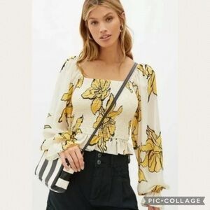 Anthropologie Hutch Floral Puff-Sleeved Blouse in Yellow Motif